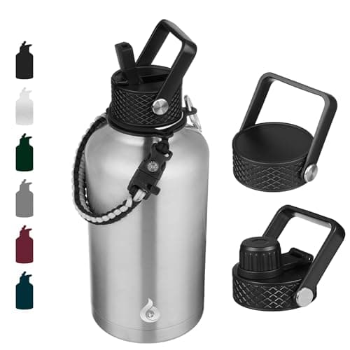 BJPKPK Half Gallon Insulated Water Bottles with Straw Lid, 64oz Large Water Jug, Stainless Steel Bottles with 3 Lids and Paracord Handle, Thermo for Hot & Cold Liquid, Stainless Steel - Image 1