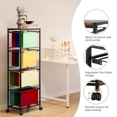 EasyPAG 4 Tier Rolling File Cart on Wheels Pull-Out Letter/Legal Size Hanging File Folder Rack for Home Office, Black - Image 2