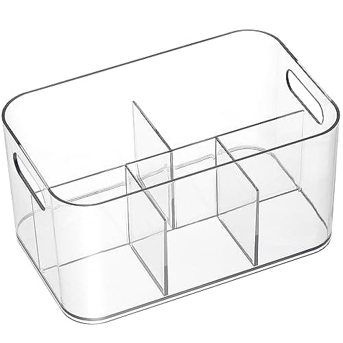 2 Pack, 5-Compartment Clear Plastic Bin - Divided Art Supplies, Cosmetic Makeup Caddy Organizer - Multiuse Storage Container for Vanity, Bathroom, Kitchen, Office, Craft, Shower, Cleaning Items - Image 1