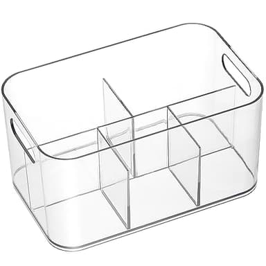 2 Pack, 5-Compartment Clear Plastic Bin - Divided Art Supplies, Cosmetic Makeup Caddy Organizer - Multiuse Storage Container for Vanity, Bathroom, Kitchen, Office, Craft, Shower, Cleaning Items - Image 1