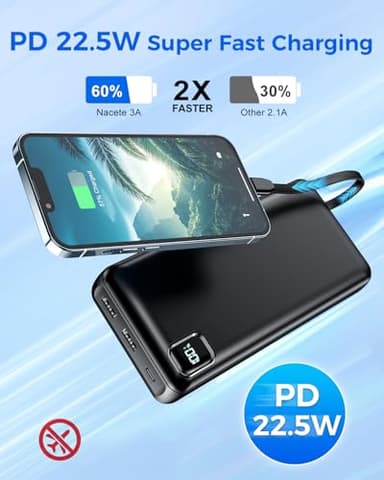 Nacete Portable Charger Power Bank 50000mAh Portable Phone Charger, PD 22.5W Fast Charging Powerbank Built in Cable, 5 Output 3 Input USB C LED Display for iPhone 16 15 14 13 Samsung Android iPad - Image 2