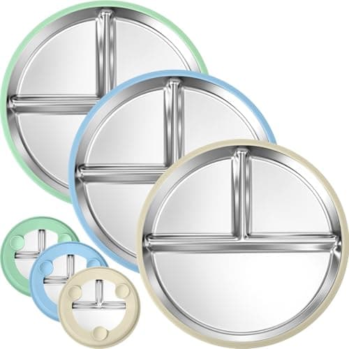 BUSOHA 3 Pack Stainless Steel Kids Plate with Suction - 9” Divided Toddler Baby Plates with Silicone Sleeves Non-Slip 2-in-1 Anti Breakage Metal Toddler Bowls Microwave Dishwasher Safe - Image 1