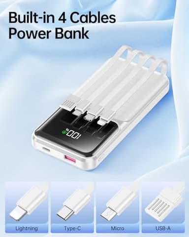 Portable Charger with Built in Cable - Power Bank Fast Charging USB C LED Display 10000mah Battery Pack 5 Outputs & 3 Inputs for Travel Essentials iPhone Samsung Android Phones Tablets White - Image 2