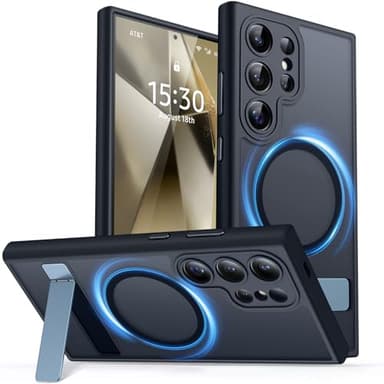 CANSHN Strong Magnetic & Seamless Stand Designed for Samsung Galaxy S24 Ultra Case [Full Camera Protection] [Adjustable Kickstand] [Compatible with MagSafe] Translucent Matte Phone Cover - Black - Image 1