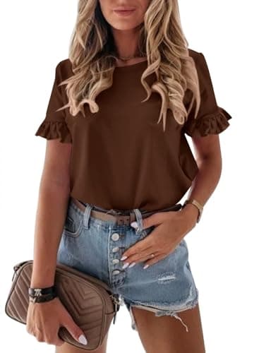 PRETTYGARDEN Women's Short Sleeve Casual T Shirts Summer Ruffle Plain Round Neck Loose Fit Tee Blouse Tops (Coffee,L) - Image 1