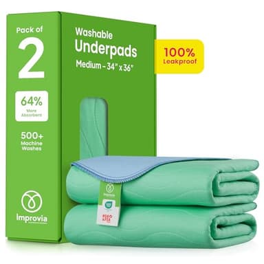 IMPROVIA® Washable Underpads, 34" x 36" (Pack of 2) - Heavy Absorbency Reusable Bedwetting Incontinence Pads for Kids, Adults, Elderly, and Pets - Waterproof Protective Pad for Bed, Couch, Sofa, Floor - Image 1