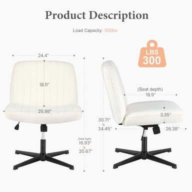Sweetcrispy Criss Cross Chair Legged, Armless Office Wide Desk Chair No Wheels, Swivel Vanity Height Adjustable Fabric Modern Computer Task Seating for Home - Teddy Beige - Image 2