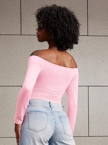 YEOREO Sophie Women Off Shoulder Long Sleeve Shirts Double Lined Basic Undershirt Y2K Going Out Tops Cherry Pink-XL - Image 3