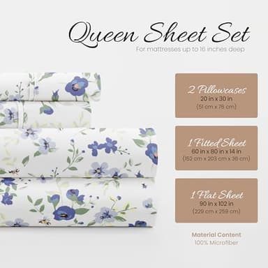 Linen Market 4 Piece Queen Sheet Set - Breathable, Double-Brushed Patterned Cooling Sheets – Oeko-TEX Certified Ultra Soft & Wrinkle-Free 16" Deep-Pocket Queen Sheets - Easy Care Blossoms Light Blue - Image 3