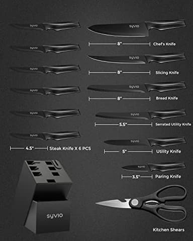 syvio Block Knife Set, 15 Pcs Kitchen Knife Set with Block and Sharpener, with Heavy Poultry Shears and 6pcs Serrated Steak Knives Razor-Sharp, Stainless Steel, Lightweight, Anti-Slip Handle - Image 3