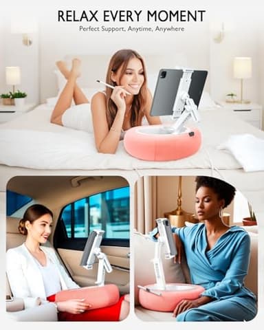 Tablet Pillow Stand, Compatible with 5"-12.9" Kindle, iPad, Phone/Tablet, Google, Samsung, 360° Rotating Phone Holder for Bed, Soft Plush Fabric, Detachable Bowl, Reading and Relaxation on Bed, Pink - Image 2