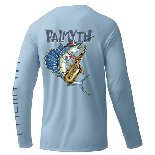Palmyth Fishing Shirts for Men Long Sleeve UPF 50+ T Shirt Sun Protection Tee Light Blue Sailfish Saxophone L - Image 1