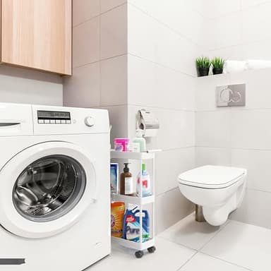 Simple Houseware 3-Tier Slim/Narrow Storage Cart with Handle, 5.5'' Wide x 26.5'' Height Rolling Organizer for Kitchen, Bathroom, Laundry Room - White - Image 2