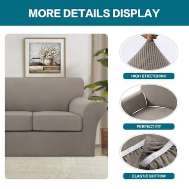 Turquoize 4 Piece Couch Covers for 3 Cushion Couch Sofa Pet Friendly Stretch Couch Cover for Dogs Washable Sofa Covers with Individual Couch Cushion Covers, Jacquard Fabric (3 Cushion Sofa, Taupe) - Image 4