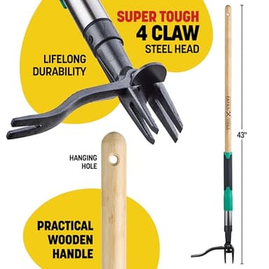 Papa's Tools Weed Puller Tool, 44" Stand Up Weeder Garden Tools & 4 Claw Steel Head, Dual Weed Eject Tech. Made with Real Bamboo & Long Wooden Handle, Yard Weeding Remover for Gardening Men & Women - Image 6