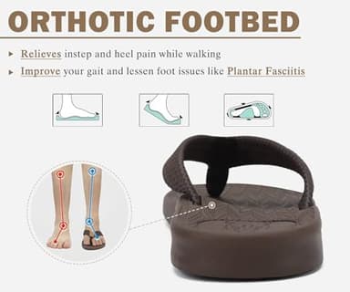 KuaiLu Mens Flip Flops Arch Support Comfortable Cushion Memory Foam Recovery Walking Waterproof Leather Thong Sandals Orthotic Plantar Fasciitis Summer Casual Beach Pool Slip on Slippers Brown Size 10 - Image 5