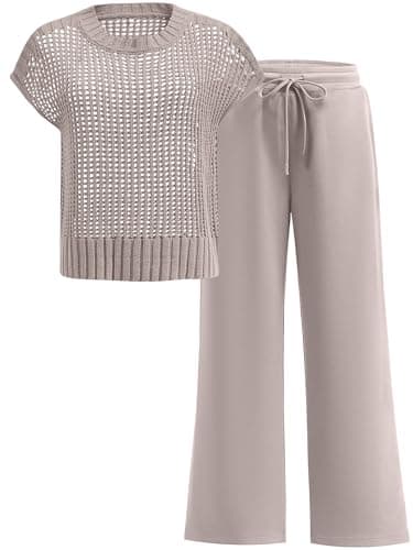 ANRABESS Women Two Piece Outfits Crochet Sheer Knit Sweater Top Wide Leg Pants Lounge Matching Sets Sweatsuit Travel Clothes light khaki Medium - Image 1