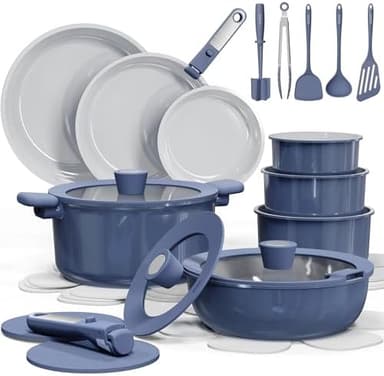 CAROTE 27pcs Ceramic Cookware Set Nonstick, Pots and Pans Set Non Stick, Non Toxic Cookware Detachable Handles, Dishwasher/Oven Safe, RV/Camping Cookware, Pan and Pot with Kitchen Utensils, Navy Blue - Image 3