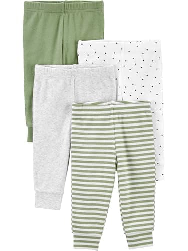 Simple Joys by Carter's Baby Cotton Pants, Pack of 4, Grey Heather/Olive/White Dots/Stripe, Newborn - Image 1