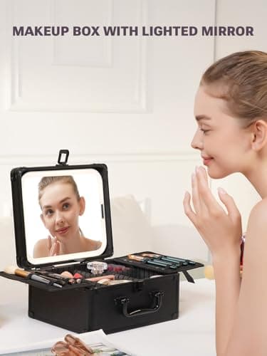 Qislee Makeup Box with A Detachable Lighted Mirror, Waterproof Travel Train Case, Cosmetic Organizer and Makeup Suitcase with Adjustable Dividers, Magnetic LED Mirror (Black) - Image 6