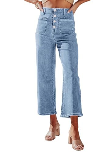 Sidefeel Women's Jeans High Waisted Wide Leg Stretchy Zimbaplatinum Straight Leg Jeans Buttoned Loose Denim Pants with Pocket Blue Size 16 - Image 1