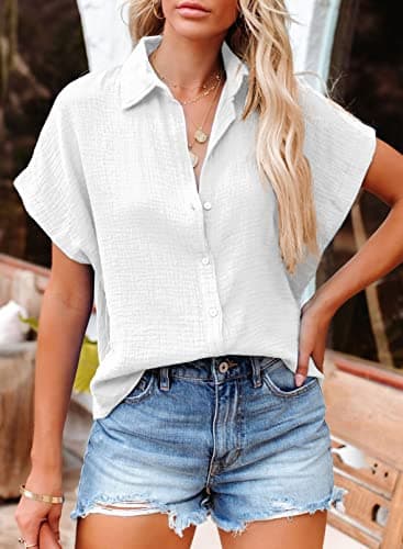 Dokotoo 2025 Fashion Solid Linen V-Neck Button Down Batwing Short Sleeve Shirts for Women Summer Soft Work Office Lapel T-Shirts Tunic Tops Blouses White XL - Image 6