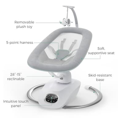 Momcozy CocoSway 3D-Motion Baby Swing for Infants to Toddlers, 6 Motion Modes & 4 Speeds, 180° Rotating Seat, Remote Control, Reclining Seat with 5-Point Harness, 8 Preset Lullabies, Grey - Image 6