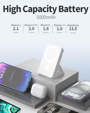 Magnetic Power Bank,5000mAh Battery Pack with USB-C Cable,Wireless Portable Charger with Foldable Stand,22.5W PD Fast Charging for iPhone16/15/14/13/12/Pro/Mini/Pro Max (White) - Image 4