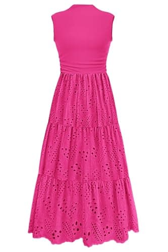 PRETTYGARDEN Summer Dresses for Women 2025 Casual Eyelet Sleeveless Wedding Guest Maxi Dress Tank Top Sundress with Pockets (Rose Red,Small) - Image 1