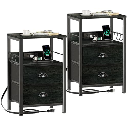 Furologee Nightstand Set of 2, Black Oak, with Charging Station and USB Ports, Side Tables with 2 Fabric Drawers, Bedside Tables with Storage Shelf & Hooks, for Living Room/Bedroom - Image 1