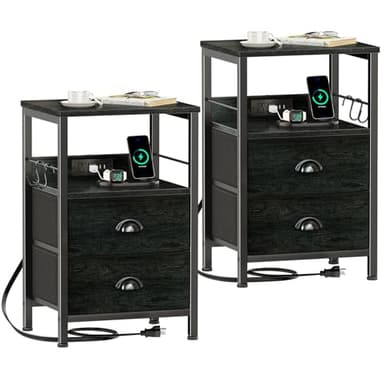 Furologee Nightstand Set of 2, Black Oak, with Charging Station and USB Ports, Side Tables with 2 Fabric Drawers, Bedside Tables with Storage Shelf & Hooks, for Living Room/Bedroom - Image 1