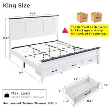 ACCOHOHO Farmhouse King Size Bed Frame with 52" Tall Headboard, Wood Platform Bedframe with Footboard and Storage Drawers, No Squeak, No Box Spring Needed, White - Image 2