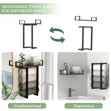 Towel Rack Wall Mounted with Wooden Shelf for Small Bathroom,Multi Towel Storage Racks for Rolled Towels,Bath Towel Holder Over The Toilet for Rv Camper - Image 4