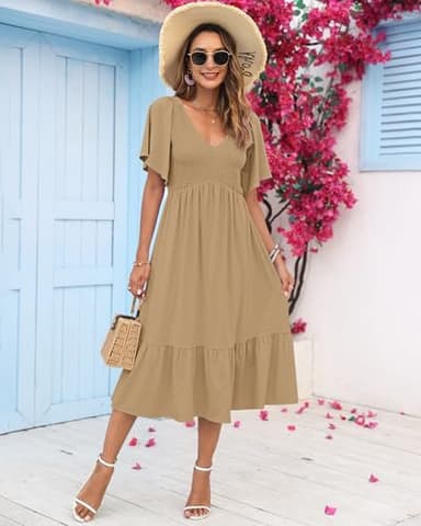 AUSELILY Women's Summer Empire Waist Dress Smocked Flutter Short Sleeve V Neck Midi Dresses 2025 New Camel XL - Image 2