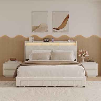 BedsPick Queen Size Bed Frame with LED Lights, Velvet Upholstered Platform Queen Bed Frame with 2 Storage Drawers and Adjustable Headboard, No Box Spring Needed Queen Bedframe (Beige, Queen) - Image 8