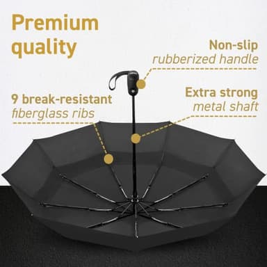 EEZ-Y Travel Umbrellas for Rain - Wind Resistant w/Open Close Button - Black - Image 5