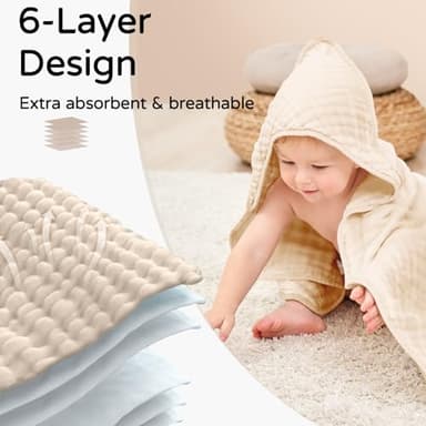 Yoofoss Hooded Baby Towels for Newborn 2 Pack 100% Muslin Organic Cotton Baby Bath Towel with Hood for Babies, Infant, Toddler and Kids, 32x32Inch, Soft and Absorbent Newborn Essential,Apricot&Green - Image 4