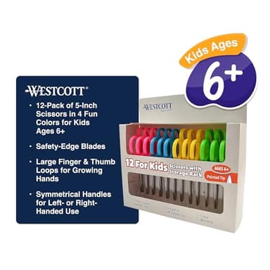 Westcott Right- & Left-Handed Pointed Scissors for Kids Ages 6+, Durable Stainless Steel Blades, Back to School Supplies, Classroom Scissors, Includes Storage Rack, 5-Inch, 12 Pack, Assorted Colors - Image 2