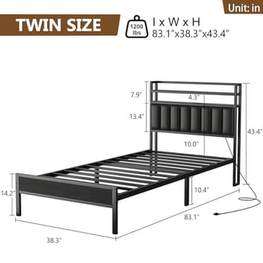 Twin Size Bed Frame with Charging Station and LED Lights, Metal Bed Frame with Headboard, Black Upholstered Headboard with 2-Tier Storage Shelves, Noise Free, No Box Spring Needed, Black - Image 2