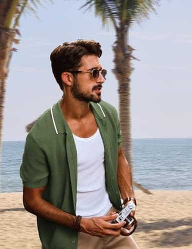 Men's Knit Short Sleeve Button Down Shirt Vintage Striped Polo Shirts Textured Shirt Army Green - Image 4