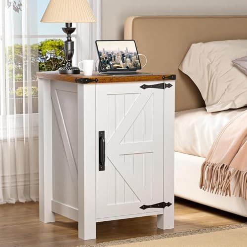 OLILAWN Farmhouse Nightstand with Charging Station, End Tables for Living Room, with Barn Door and Adjustable Shelf, Old Farmhouse End Tables Antique White, with 2-Tier Storage, Bedroom - Image 1