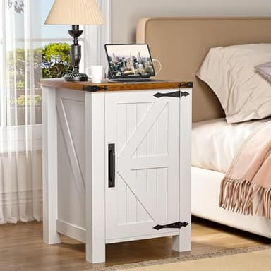 OLILAWN Farmhouse Nightstand with Charging Station, End Tables for Living Room, with Barn Door and Adjustable Shelf, Old Farmhouse End Tables Antique White, with 2-Tier Storage, Bedroom - Image 1