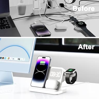 7 in 1 Wireless Charging Station Compatible with Apple Multiple Devices iPhone, AirPods, and Apple Watch - Phone Wireless Charger Fast Charging with Night Lamp and Clock(White) - Image 6