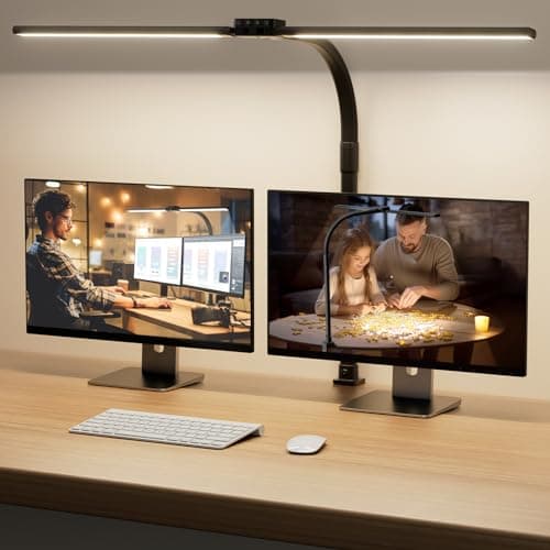 SIBRILLE LED Desk Lamp for Home Office - Eye-Caring Computer Desk Light with Clamp, Rotatable Computer Lighting with Color Changing, Dimmable Monitor Table Lamp with Gooseneck, Double Head, Black - Image 1