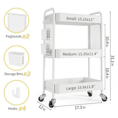 TOOLF 3 Tier Rolling Cart Storage Organizer, Metal Rolling Utility Cart with Wheels, Hooks & Bins Esthetician Craft Art Sturdy Storage with Pegboard for Bathroom, Kitchen, Office, Nursery Diaper - Image 6
