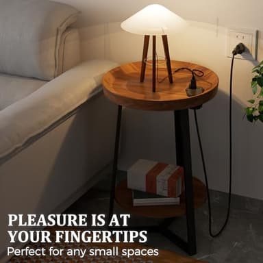 Gadroad Round End Table with Charging Station, USB Ports, Wood Tabletop & Black Metal Frame, 2-Tier Side Table for Living Room, Bedroom, Brown 15.7 * 15.7 * 23.0inches - Image 7