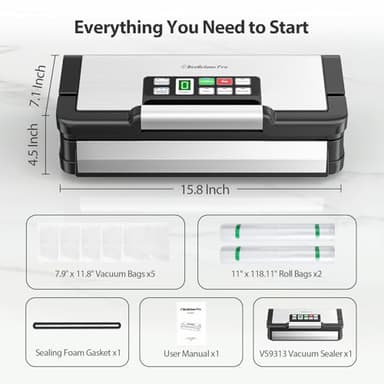 95kPa Vacuum Sealer Machine with AquaLock Technology, for Moist Seals, 2X Seal & 130W, Fully Automatic Food Sealer, Built-In Cutter, Bag Storage & Hose, Precision Sealing, 2 Bag Rolls,Stainless Steel - Image 9