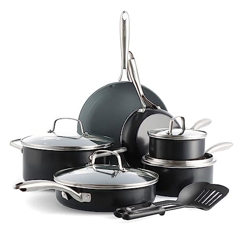 GreenPan 12 Piece Nonstick Swift Cookware Set, Ceramic PFAS-Free Pots & Pans with Lids, Dishwasher & Oven/Broiler Safe to 600F, Kitchen Cooking Set, Sauce, Saute, Stock, Frying Pans, Gray - Image 1