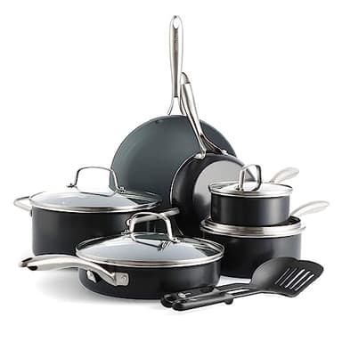 GreenPan 12 Piece Nonstick Swift Cookware Set, Ceramic PFAS-Free Pots & Pans with Lids, Dishwasher & Oven/Broiler Safe to 600F, Kitchen Cooking Set, Sauce, Saute, Stock, Frying Pans, Gray - Image 1
