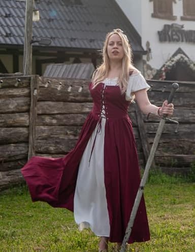 Scarlet Darkness Medieval Dress for Women Renaissance Costume Fairy Elf Short Sleeve Irish Chemise Dress & Overdress Wine 2XL - Image 5